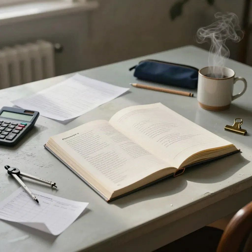 Poranny zestaw do nauki: workbook, kalkulator, cyrkiel i kubek pary na jasnym tynku.